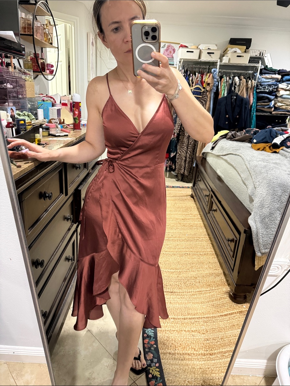 Abercrombie dress 👗 Wrap Satin Slip Dress in Rust Red